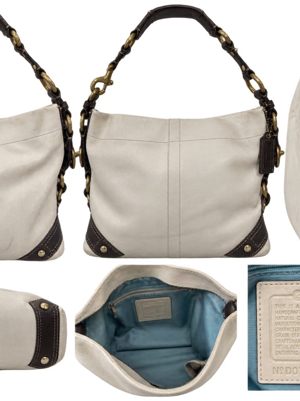 Leather Hobo Shoulder Bag in Off-White with Dark Brown Trim